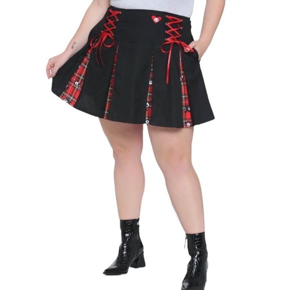 Hot Topic Skelanimals Plaid Contrast Pleated Unicorn Skull Skirt Black Red Small - Picture 3 of 8